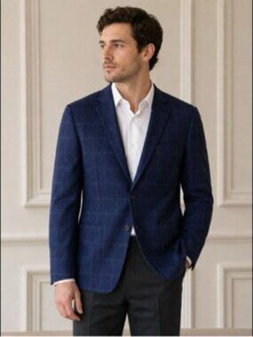 Lord & Taylor Tallia The Mason Fit mens 44R sport coat blue windowpane plaid